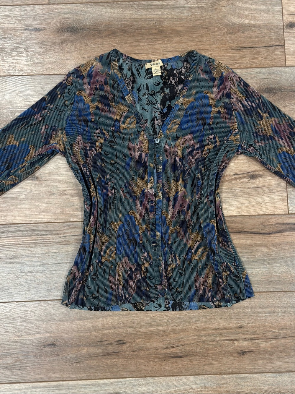 PLISSE Vintage 90s Abstract Micro Pleated Floral Cardigan Top | Size Large